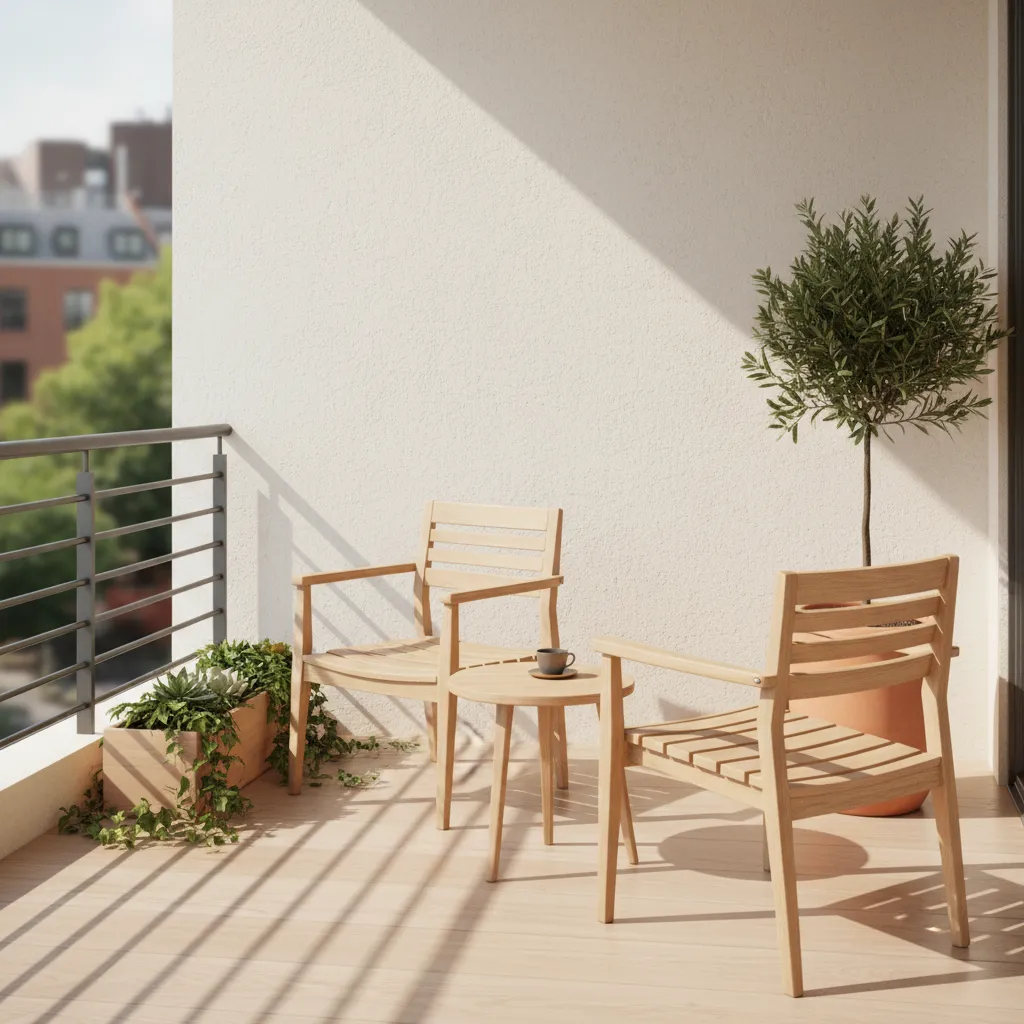 Small balcony with warm neutral walls and light wood furniture