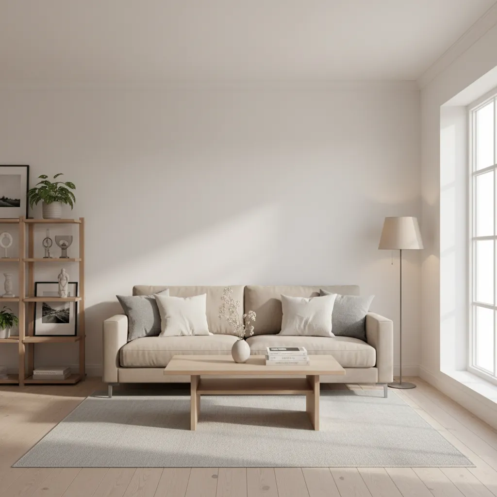 small living room with warm neutral wall colour and soft natural lighting
