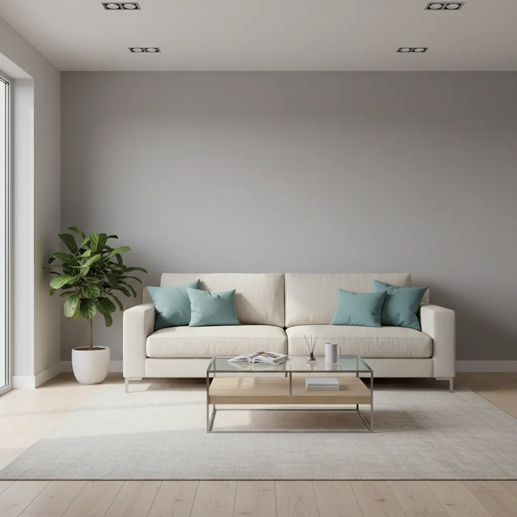 neutral cream sofa in aqua gray living room with soft blue accents