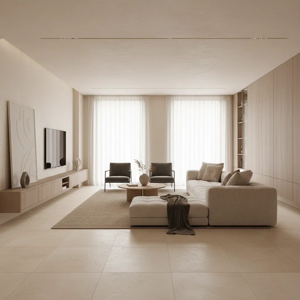 Neutral stone look floor tiles in modern open plan living room