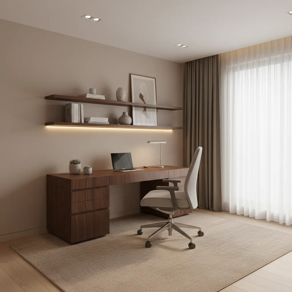 Neutral beige study room with wooden furniture and warm lighting