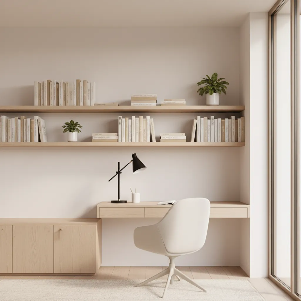 Neutral off white study room with organized desk and shelves