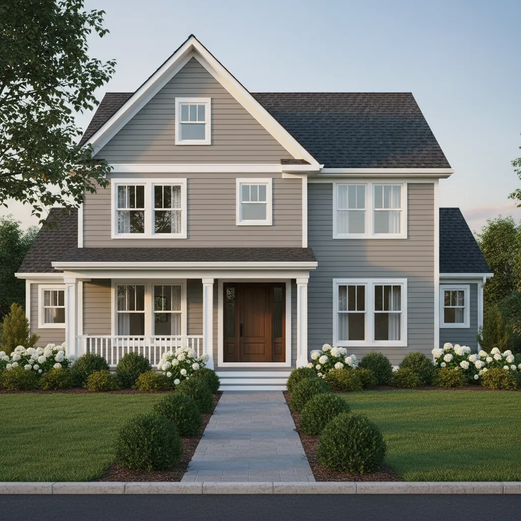 suburban home with neutral siding and balanced curb appeal