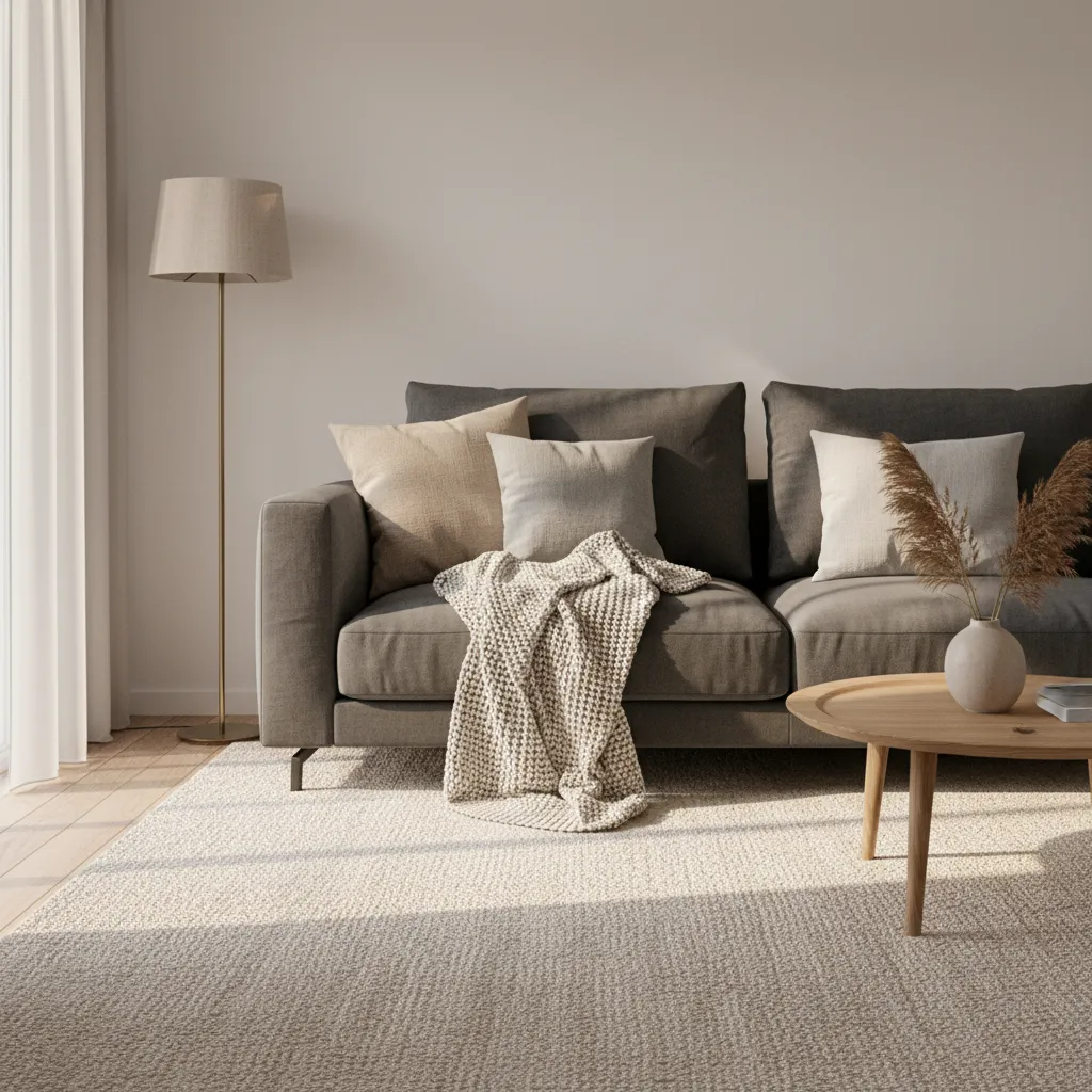 Cream textured rug and layered textiles in neutral living room