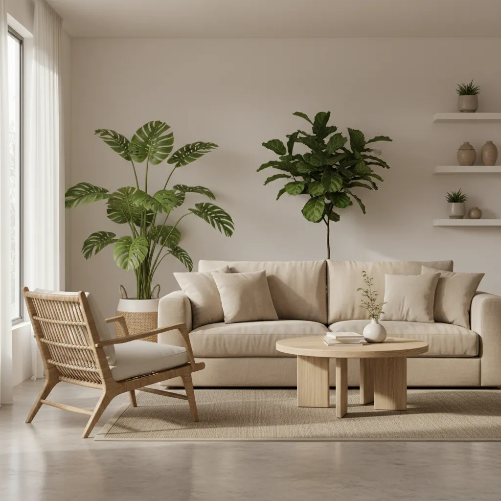 Neutral color palette living room with wood and rattan furniture