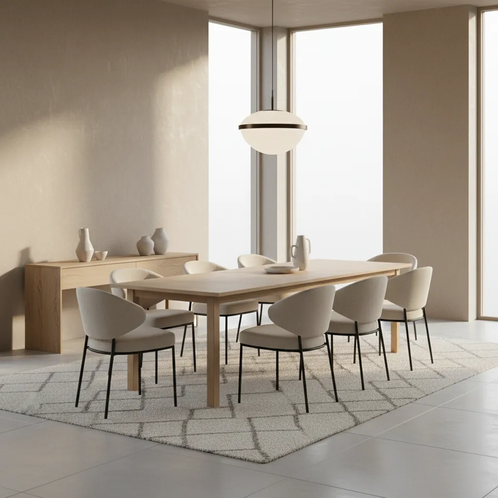 Neutral upholstered dining chairs with slim modern frames