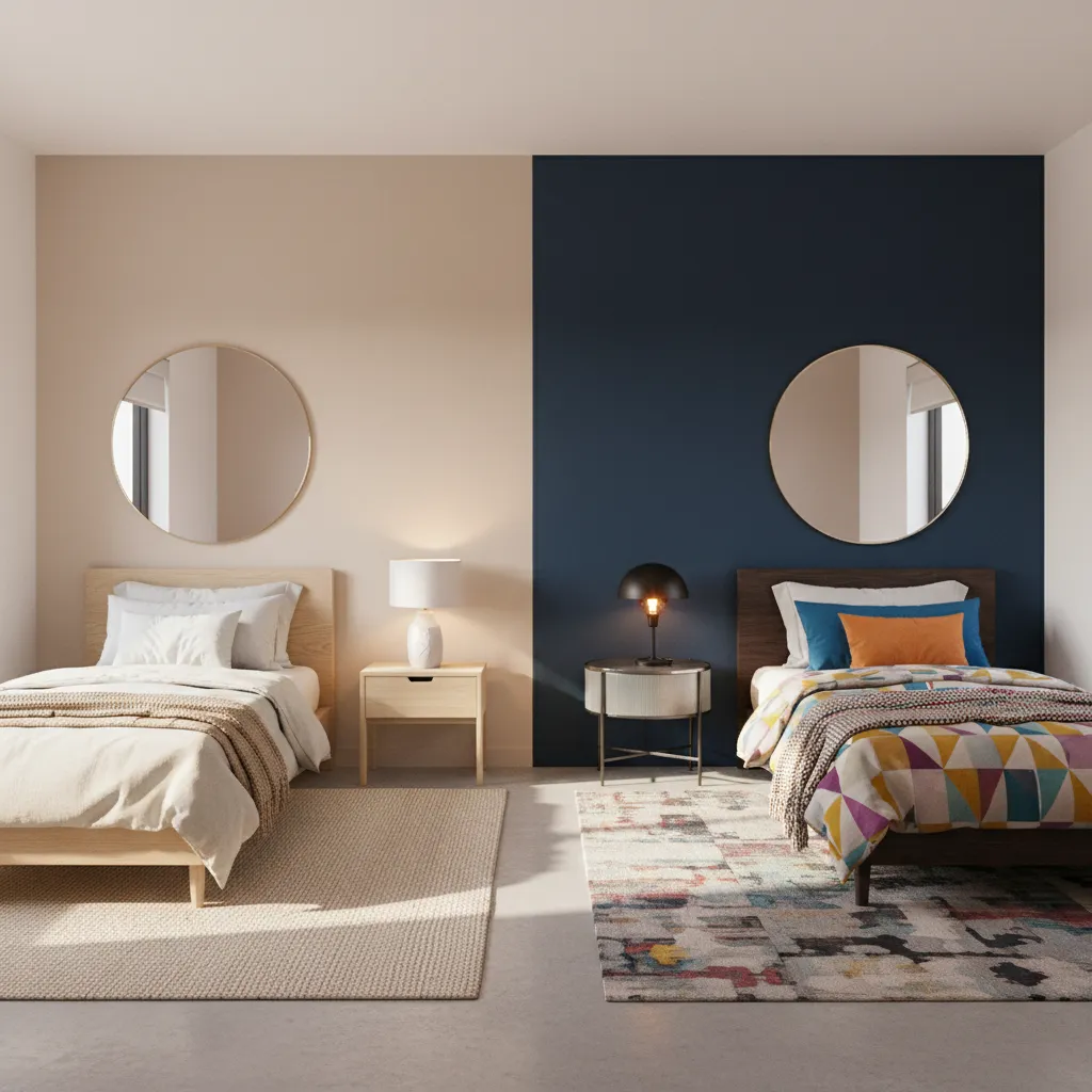 Neutral versus bold color twin bedroom comparison with two twin beds