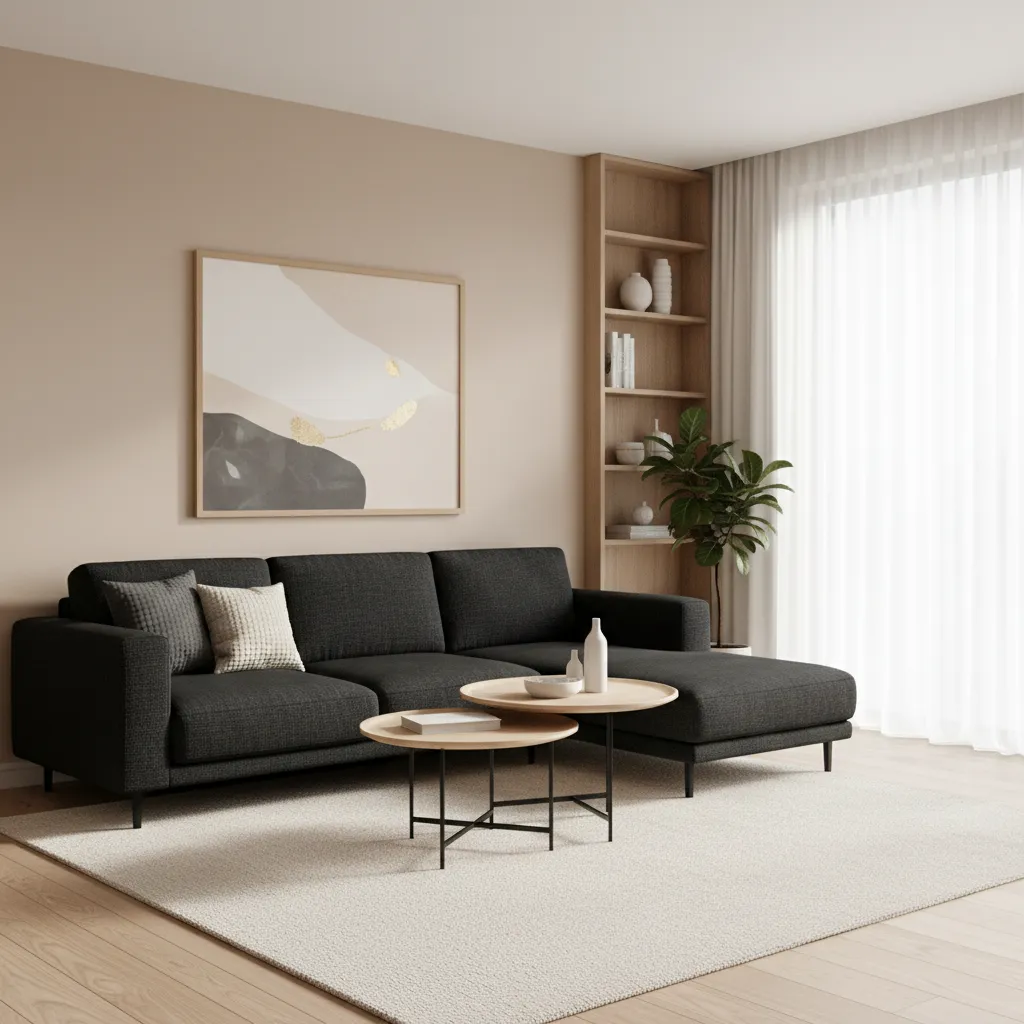 Black couch against warm neutral walls in a bright modern living room