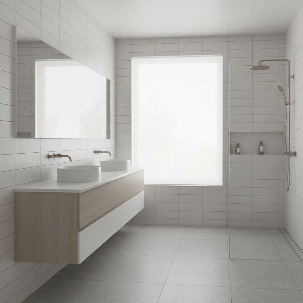 Calm white and gray bathroom interior showing neutral palette and tile texture