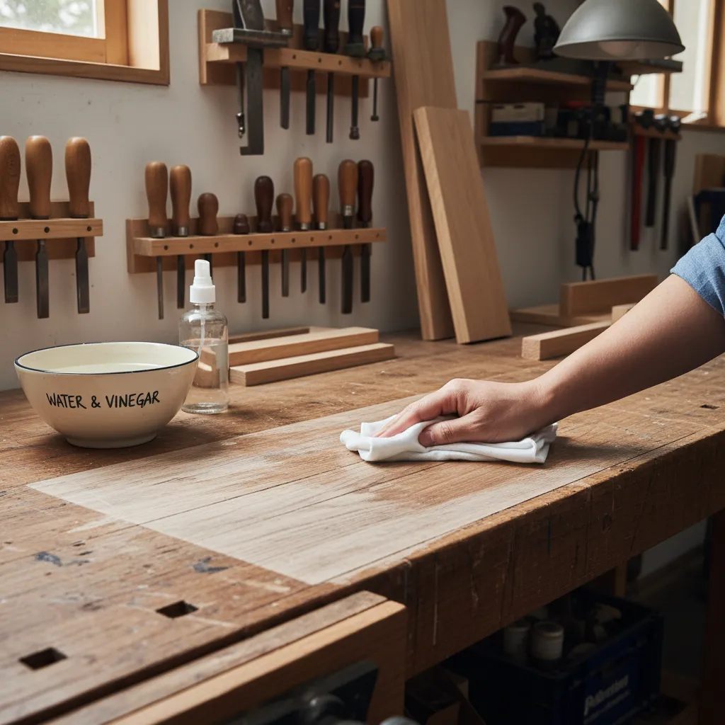 neutralizing wood bleach on tabletop with water and cloth