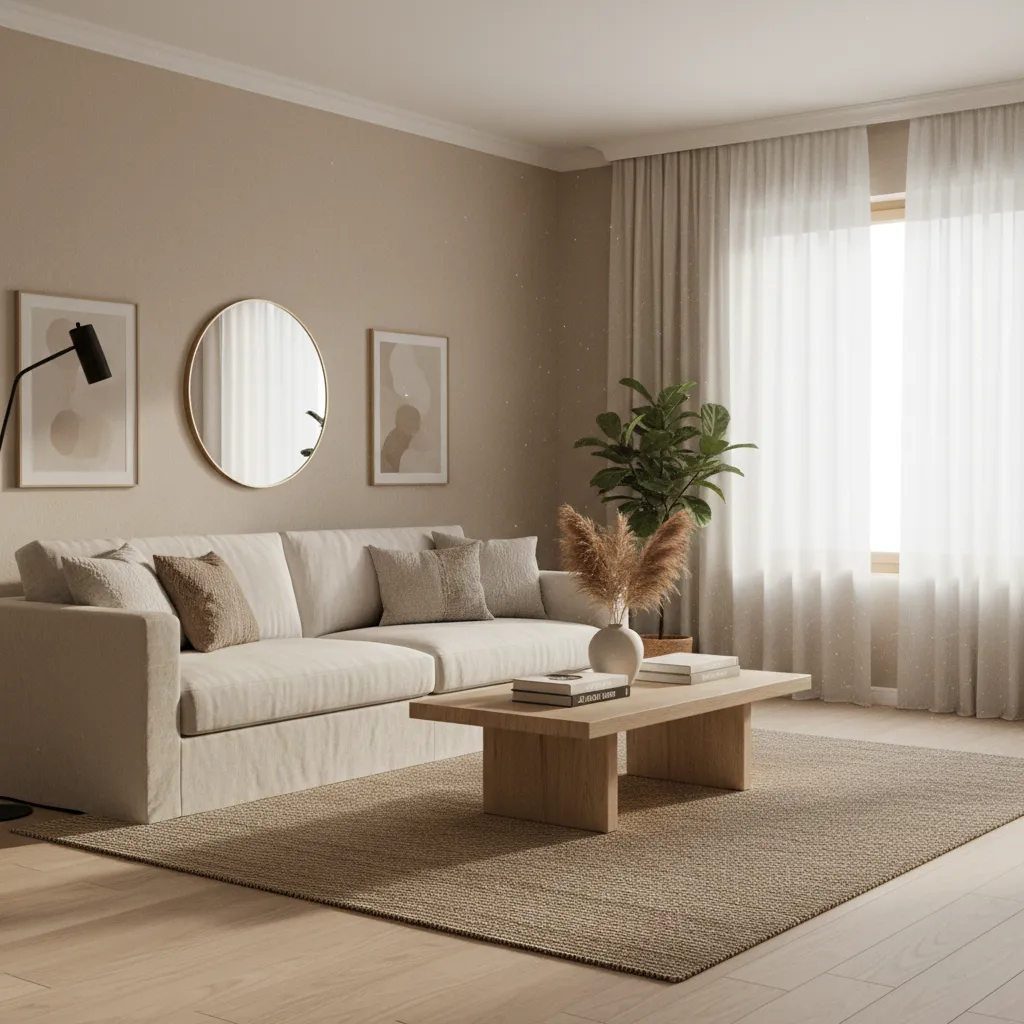 Salón moderno con tonos beige cálidos y madera clara