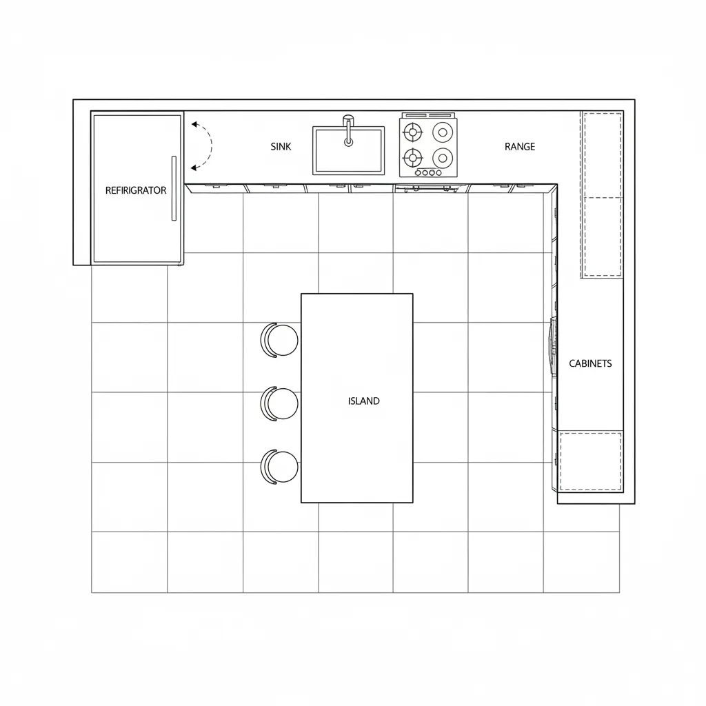 Plano de cocina con arco que indica apertura de puerta de la nevera