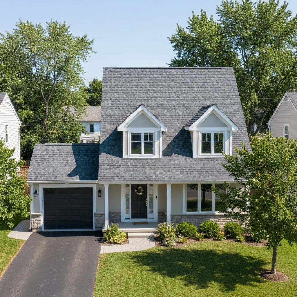 new architectural asphalt shingle roof installed on small suburban house