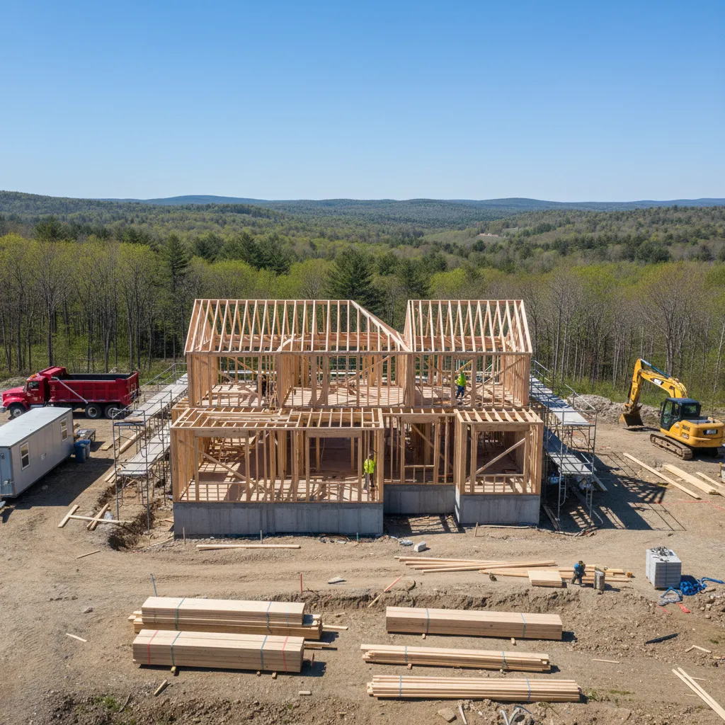 New house construction framing stage on rural lot in New Hampshire