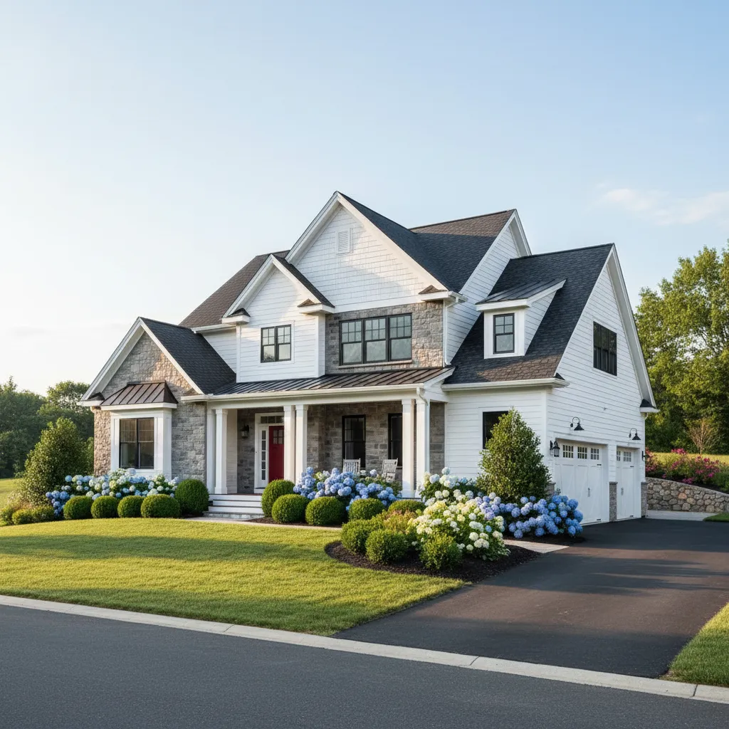 Newly completed modern suburban home in Southern New Hampshire neighborhood