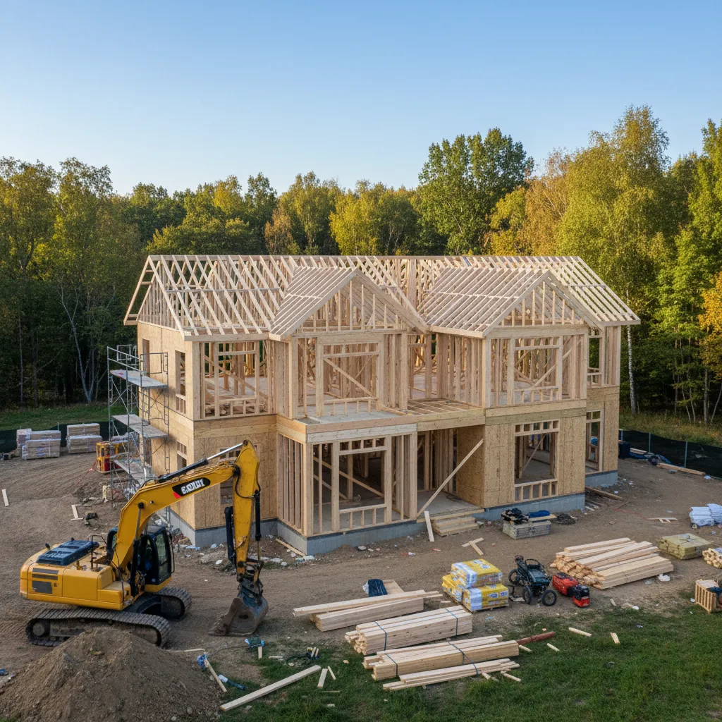 Residential home construction site with framing and foundation work in rural New Hampshire