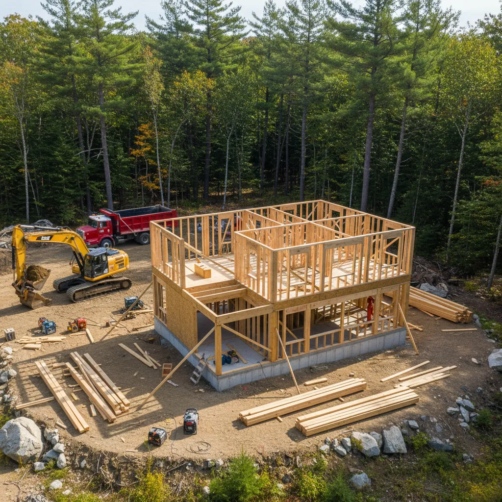 residential construction site with foundation and framing in New Hampshire
