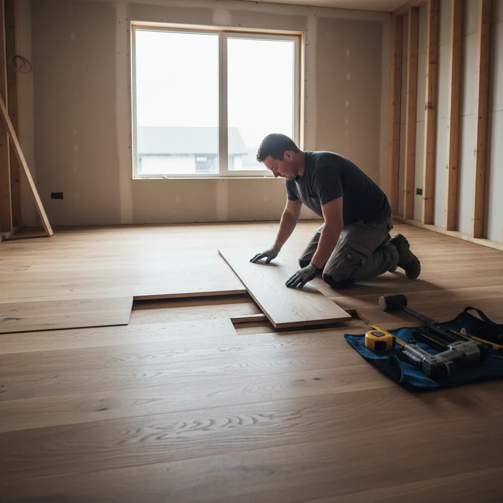 Installation of new hardwood floor planks in residential interior