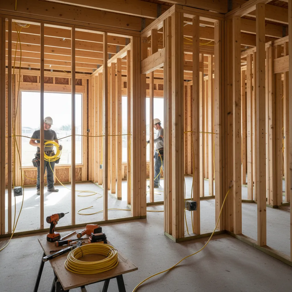 Electricians installing wiring through open wooden studs in a new house construction