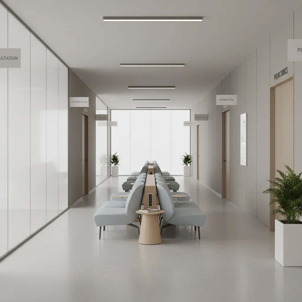 Interior hallway of a modern medical office building with waiting areas and clinic entrances