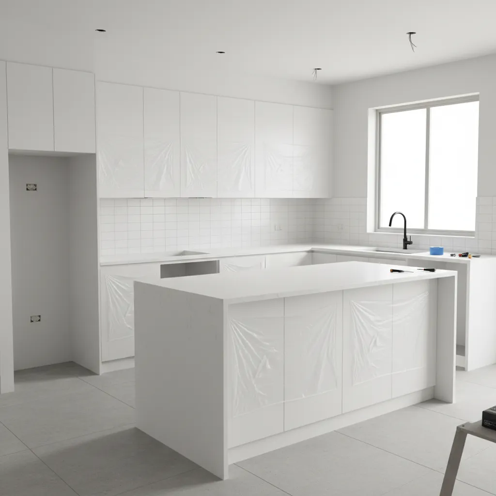 New kitchen cabinets with protective plastic film partially removed