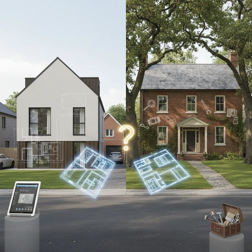 Modern white house versus traditional brick house showing digital room layout drawings and design software