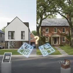 Modern white house versus traditional brick house showing digital room layout drawings and design software