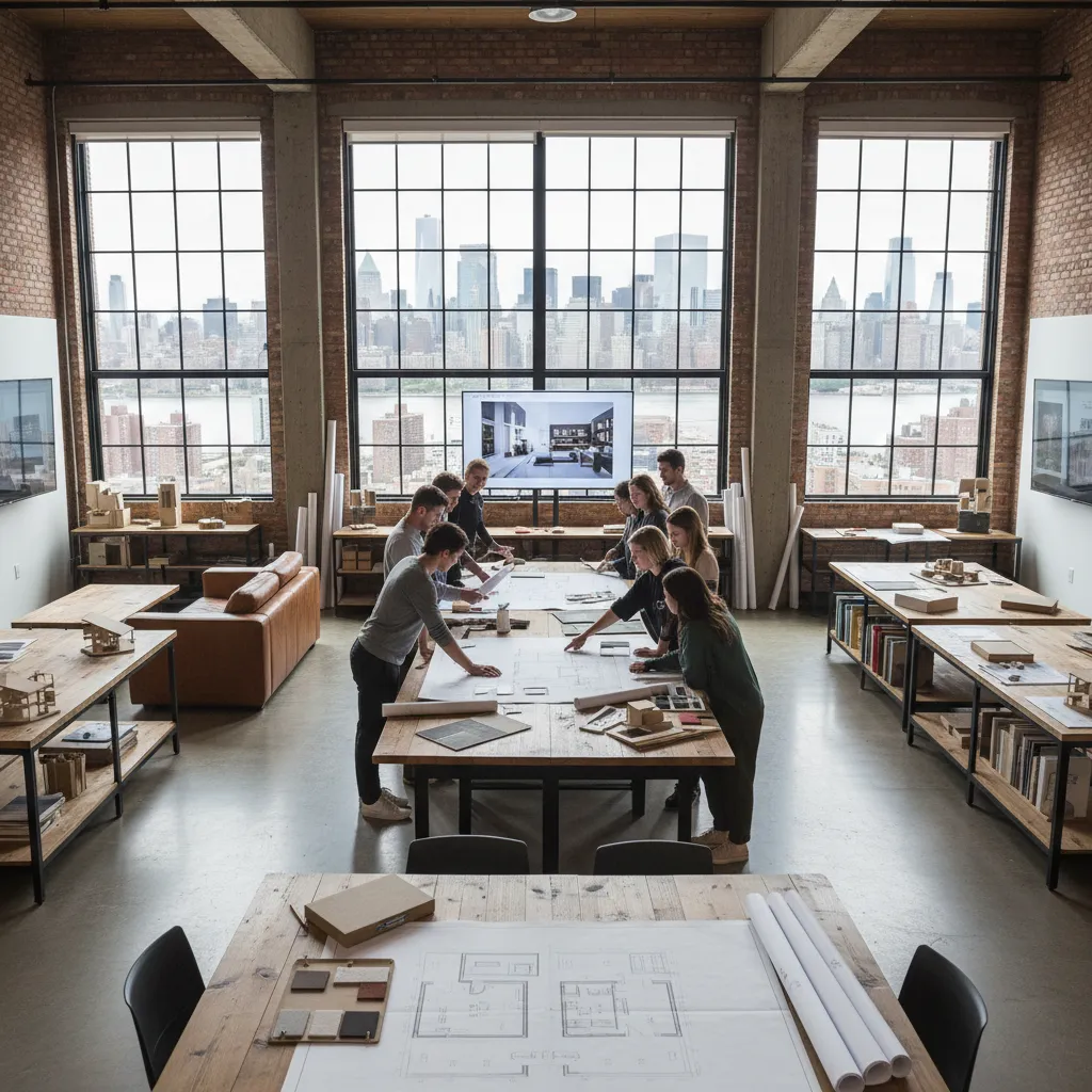 Designers reviewing floor plans on large table in studio with big windows and city skyline