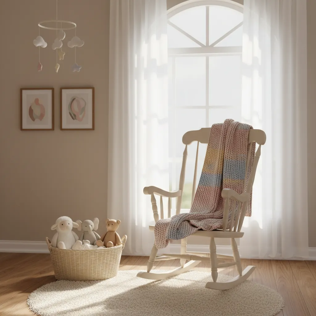cozy baby photo corner with rocking chair and blankets