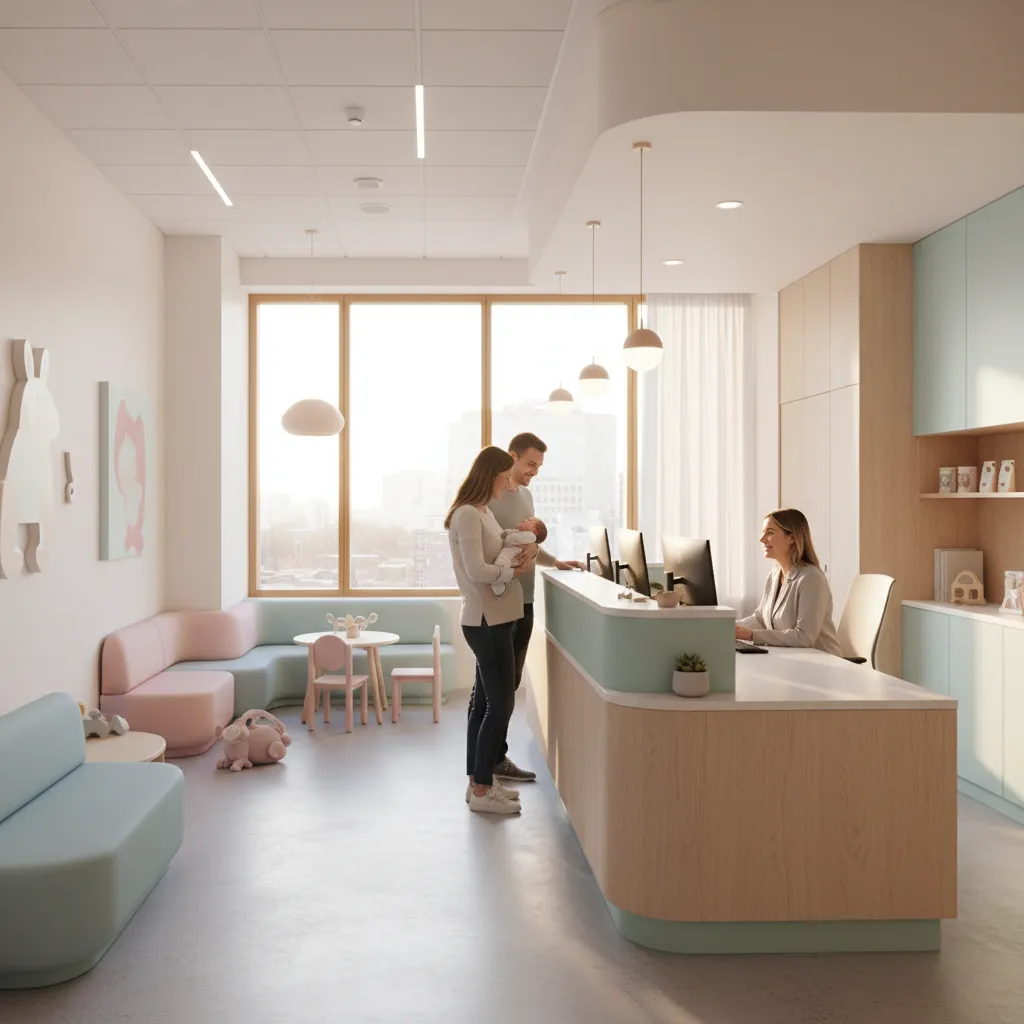 parents registering newborn at pediatric clinic reception desk