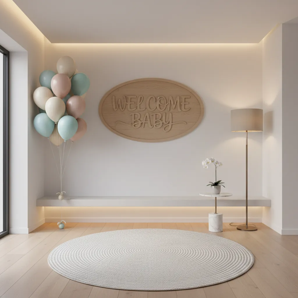 home entryway decorated with welcome baby sign and balloons
