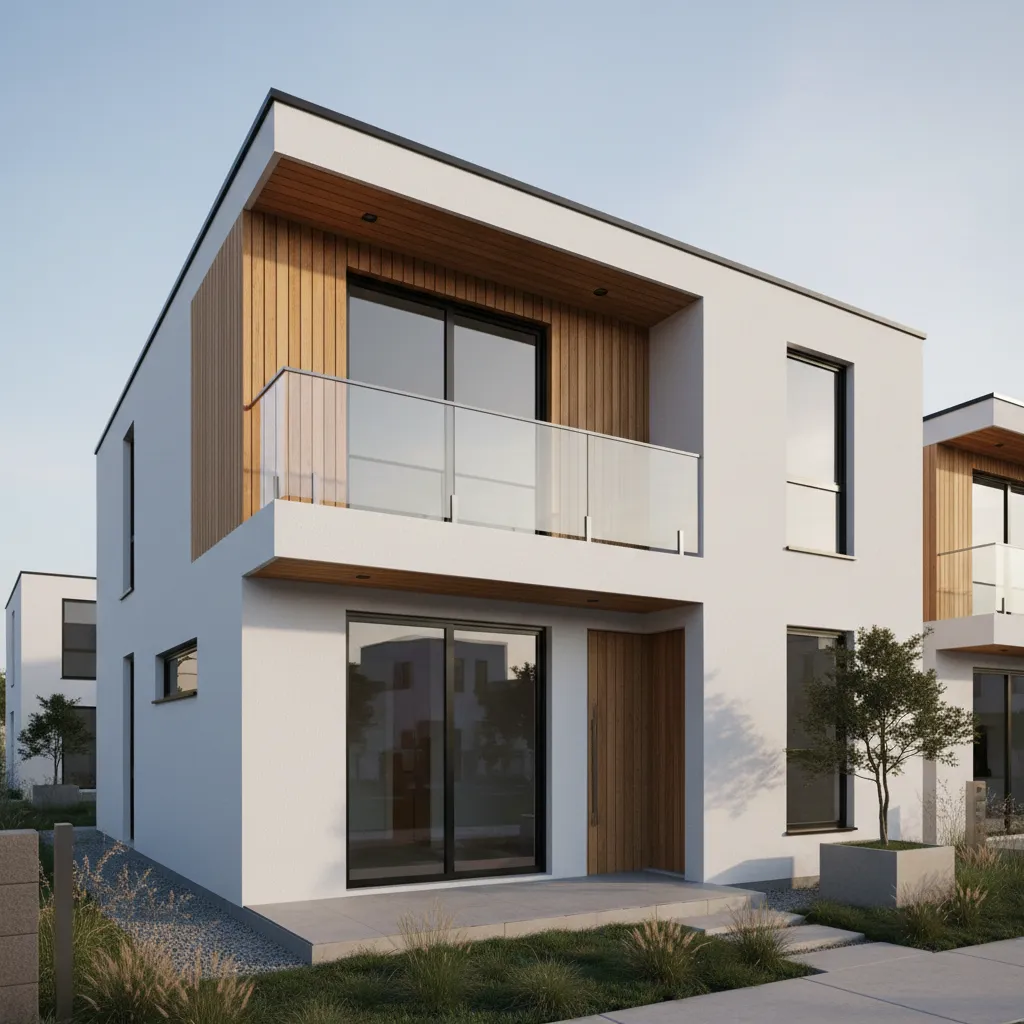 Modern white two story house with wood wall panels glass balcony sliding doors and green plants