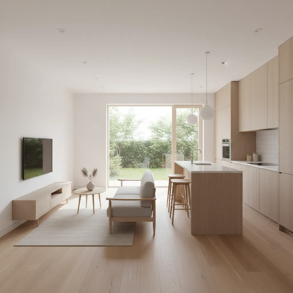 Modern open plan living room and kitchen with wood cabinets sofa island and backyard garden
