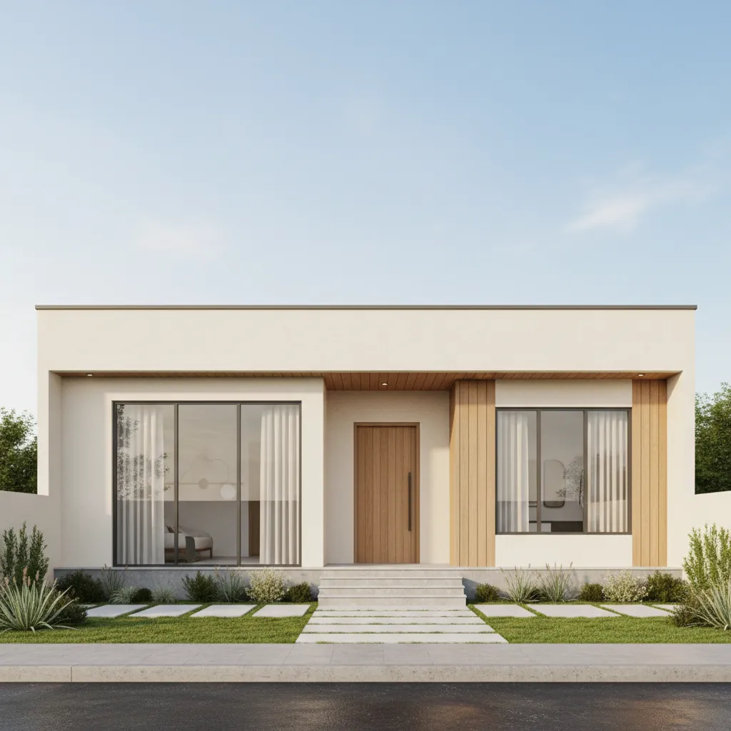 Small modern white house exterior with a wooden door, large windows, green grass, and pathway
