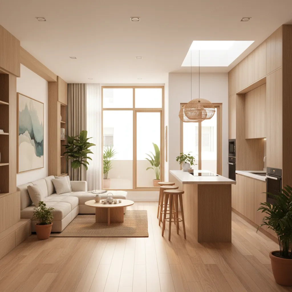 Minimalist open plan living room and kitchen area featuring light wood furniture and green plants