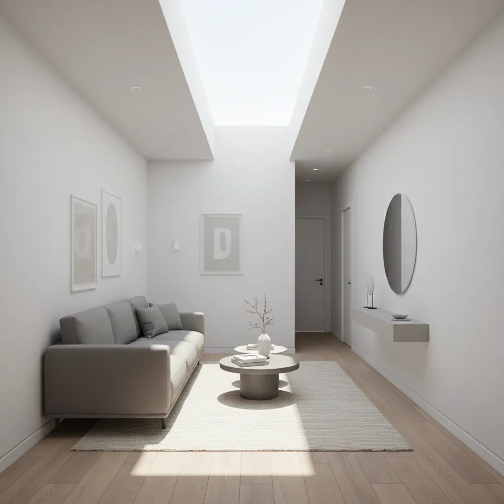 Modern living room with grey sofa wood floor round mirror and light from roof window