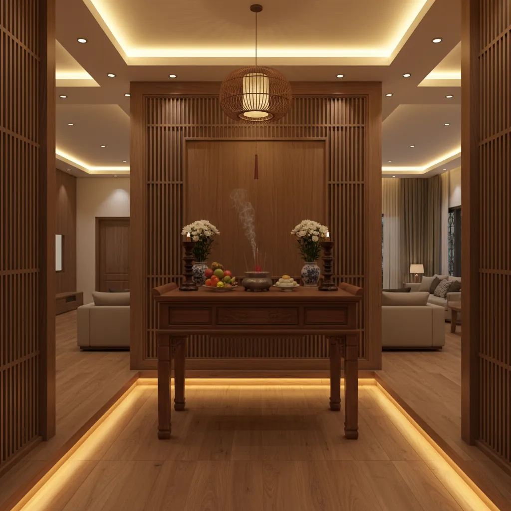 Traditional wooden altar table with fruit and flowers against decorative wall panels and ceiling light