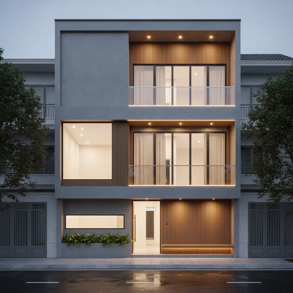 Modern three story house exterior with gray walls wood panels glass balconies and warm lighting
