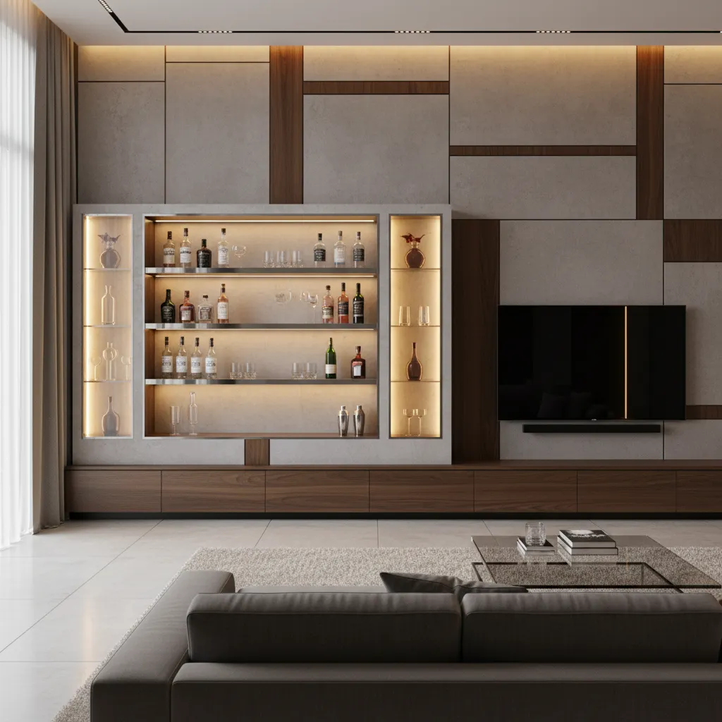 Minibar empotrado en la pared con iluminación trasera