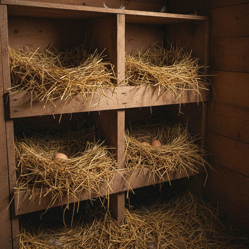 Cajas de nido de gallinas con paja en una zona tranquila del gallinero