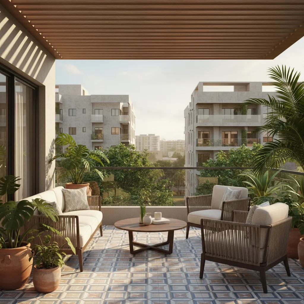Comfortable covered balcony with seating and plants in a Nigerian home