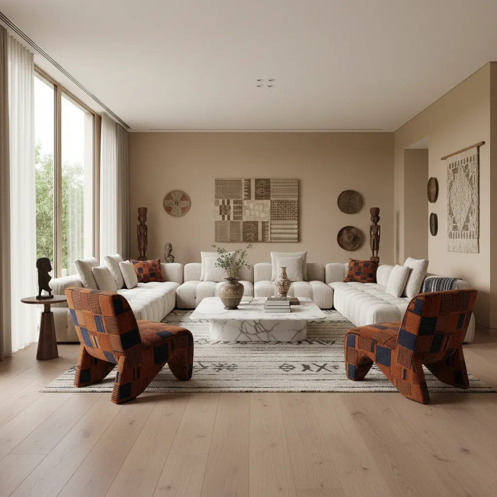 Bright living room with white sofa, two patterned orange chairs, marble table, and beige walls