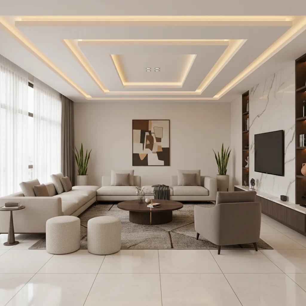 Layered tray POP ceiling design in modern Nigerian living room