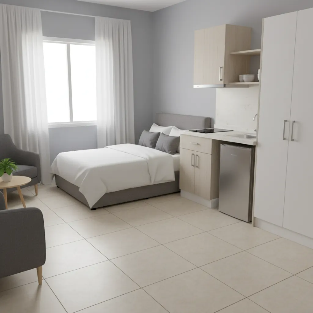 compact Nigerian self contain room interior with bed and kitchenette layout