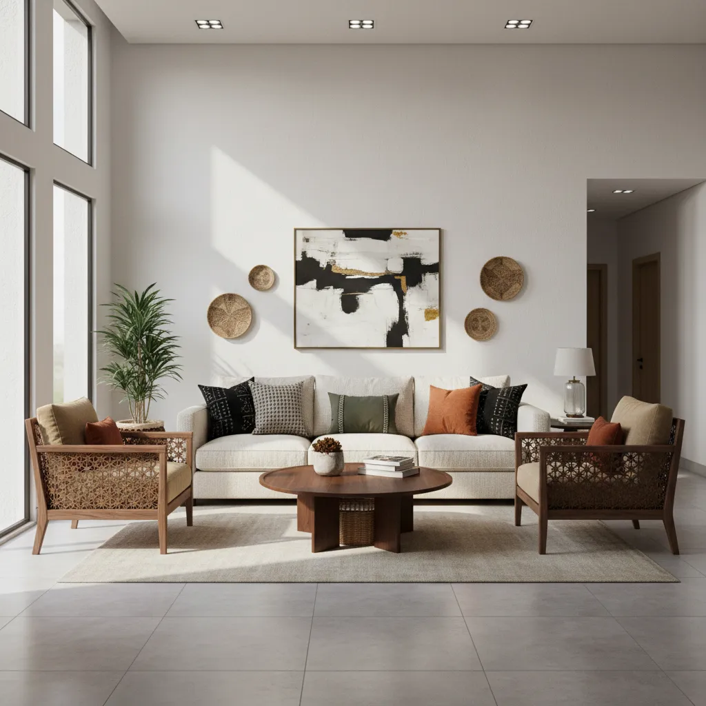 Living room featuring white sofa, two wicker chairs, wooden coffee table, and abstract wall art