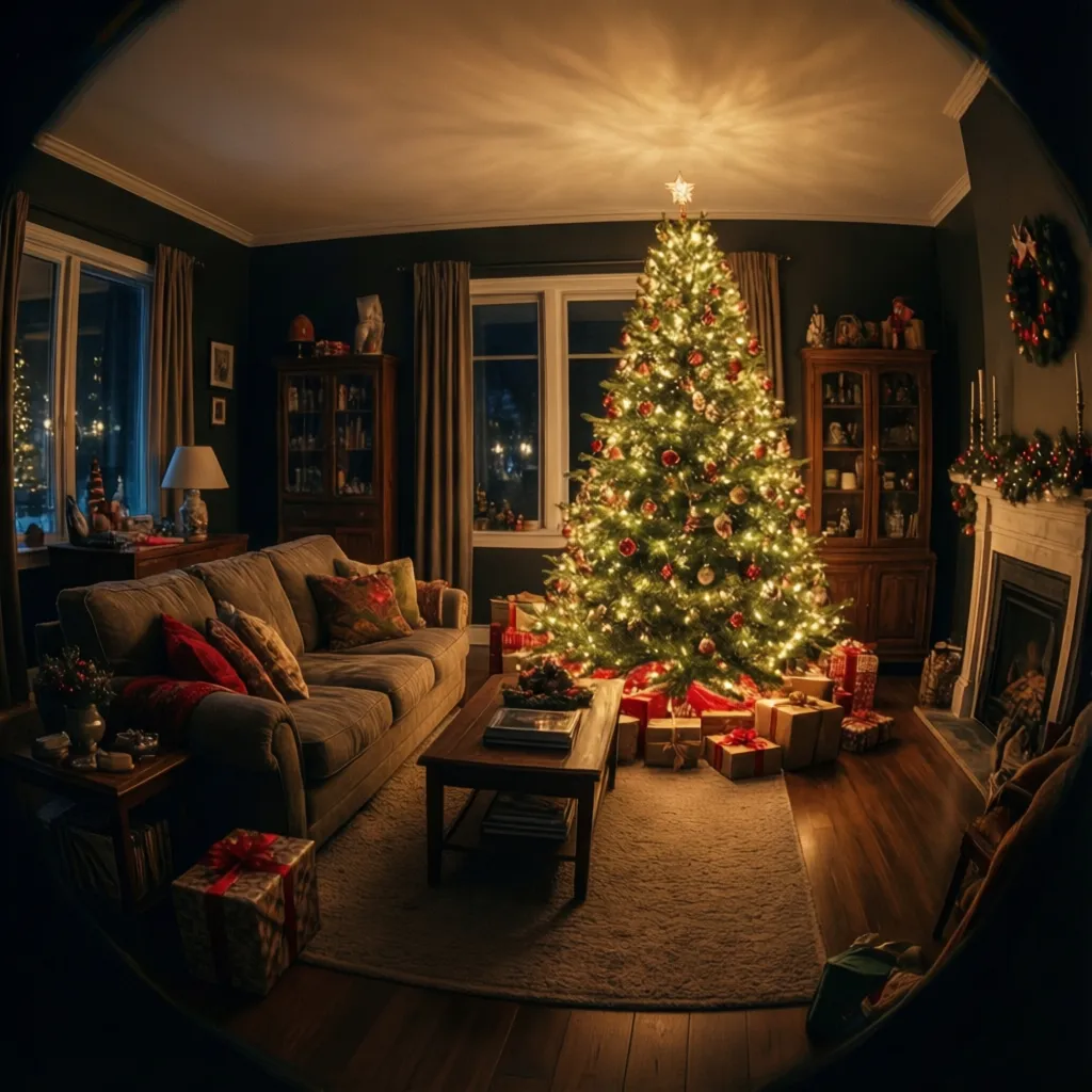 Salón navideño por la noche iluminado solo por el árbol de Navidad