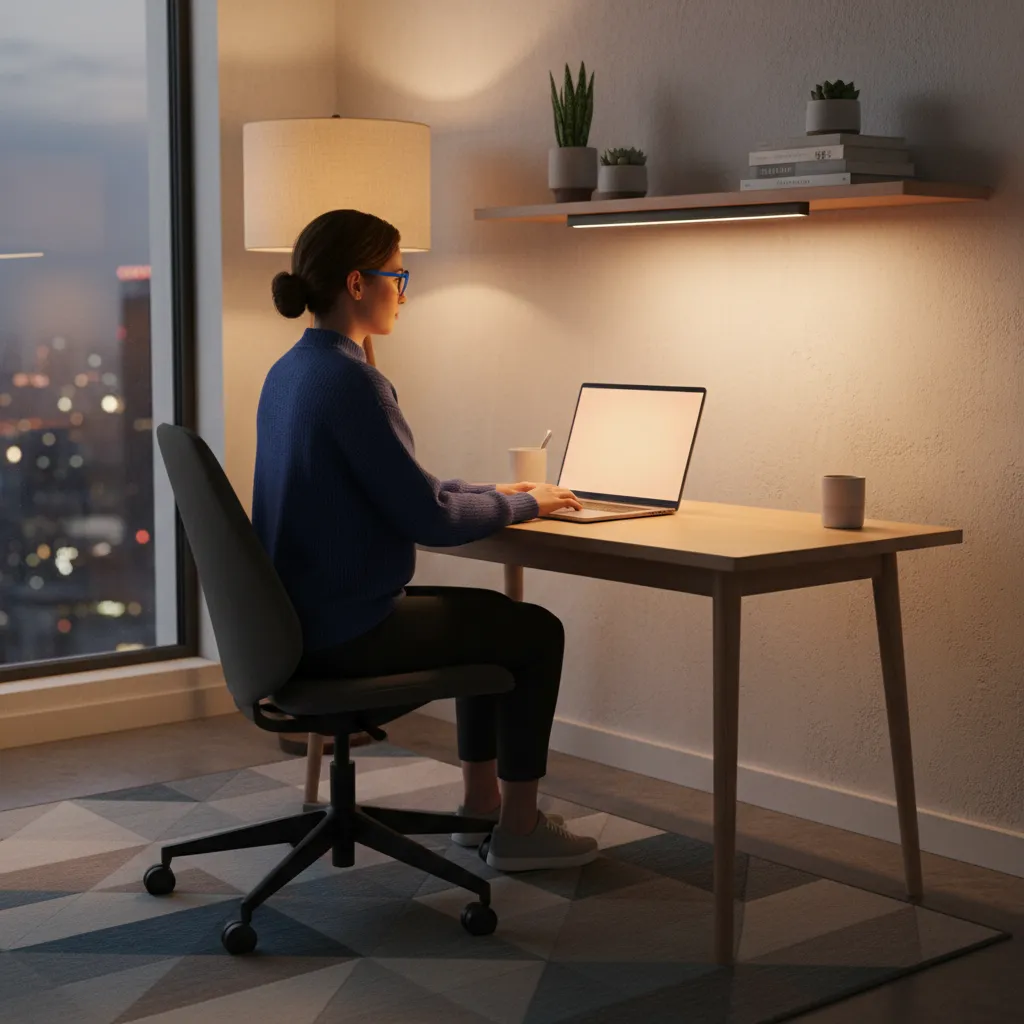 Laptop with night light enabled and user wearing blue light glasses at night desk