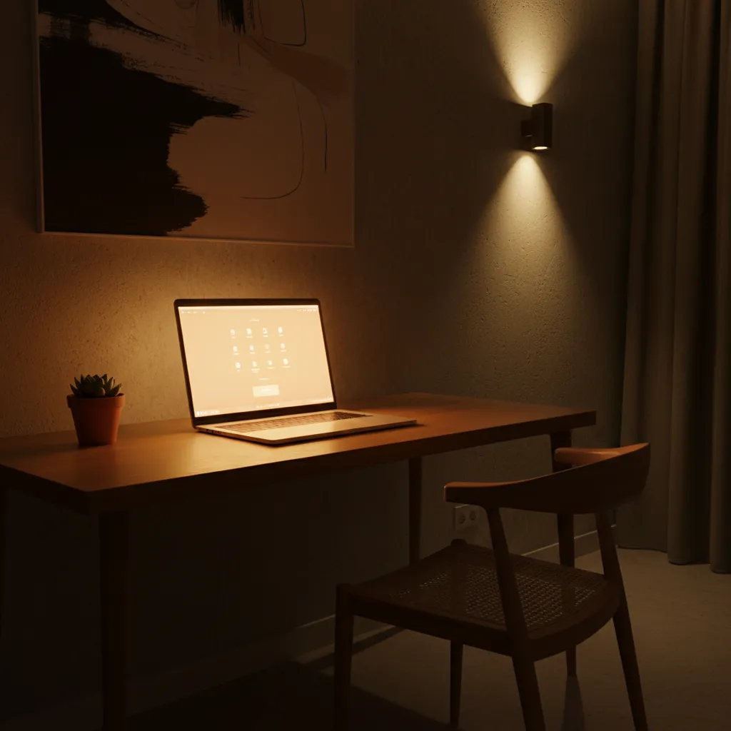 Laptop screen with warm night light mode activated in a dim evening workspace