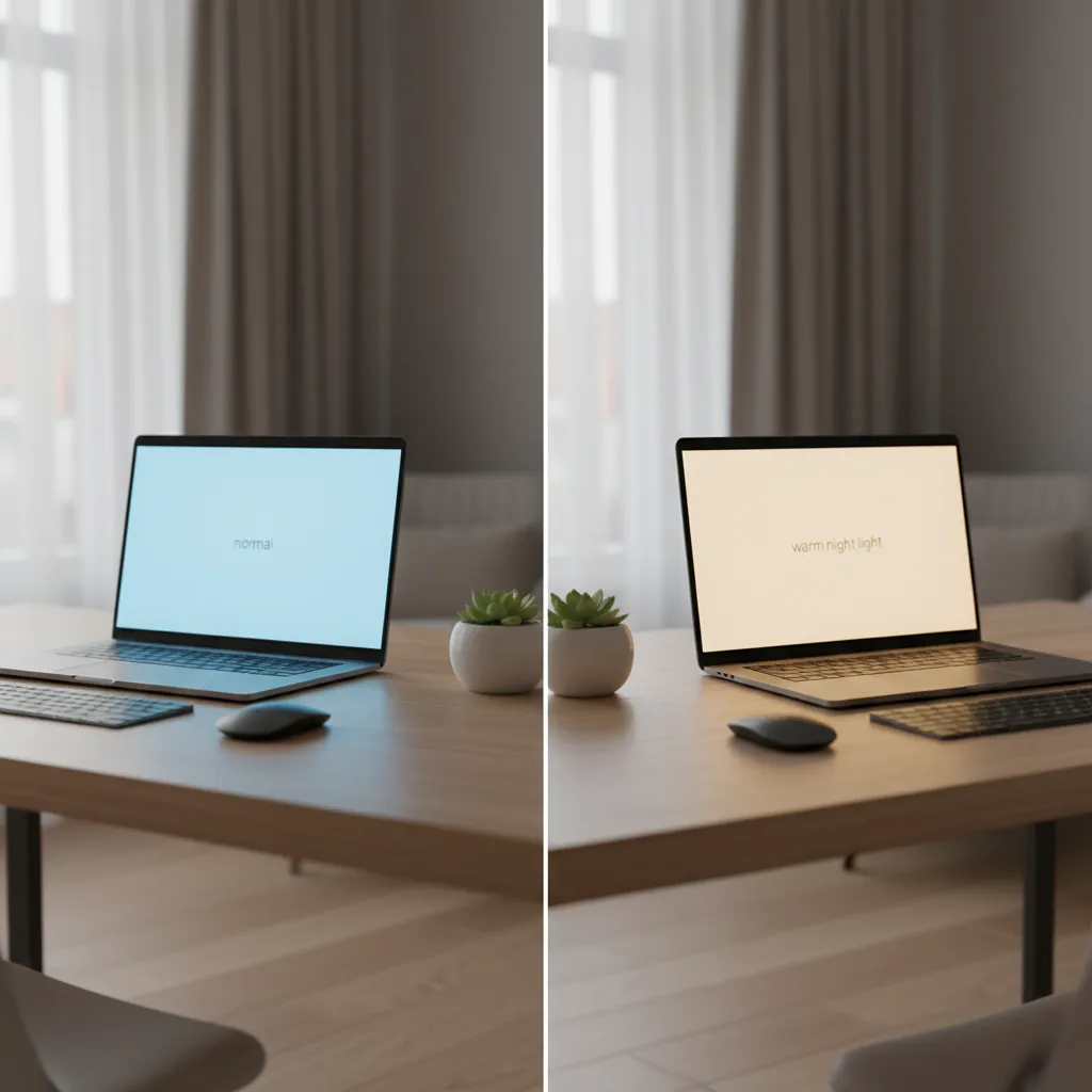 Laptop screen comparison between normal display and night light mode