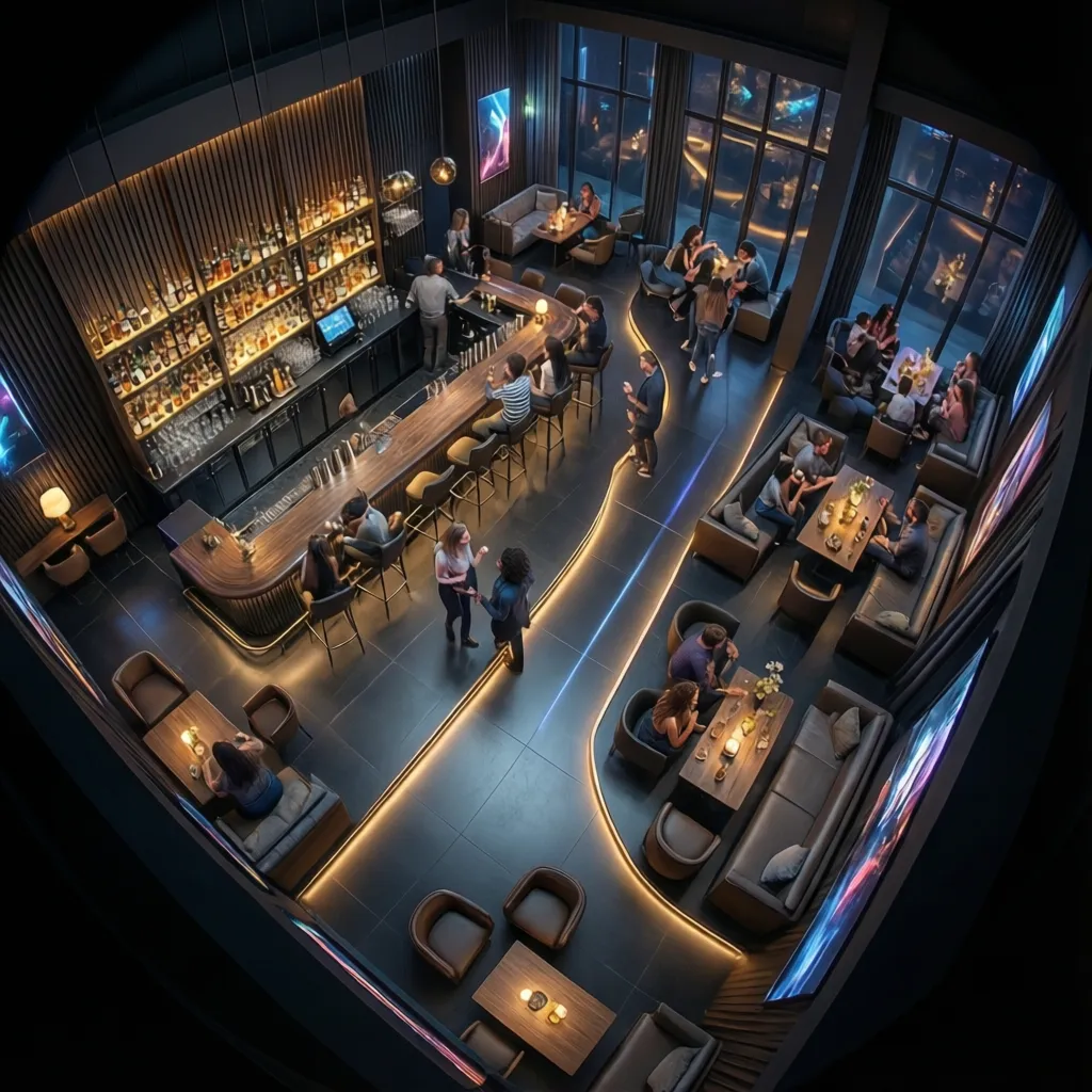 Interior layout of a nightclub showing clear pathways and bar area